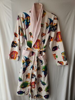 Vintage 80's Colorful Tropical Fish Print Bathrobe